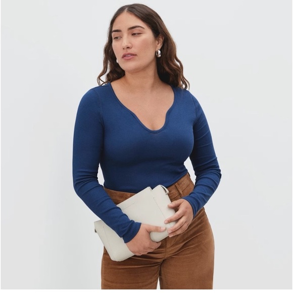 Everlane Tops - Everlane Blue Pima Cotton Micro-Rib U-Neck Long Sleeve Top Tee Shirt XS